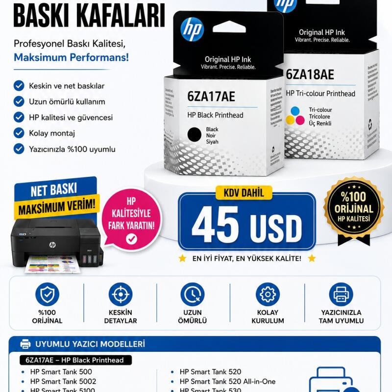 HP 6ZA17AE SİYAH 6ZA18AE RENKLİ 2 Lİ BASKI KAFASI  515/530/615