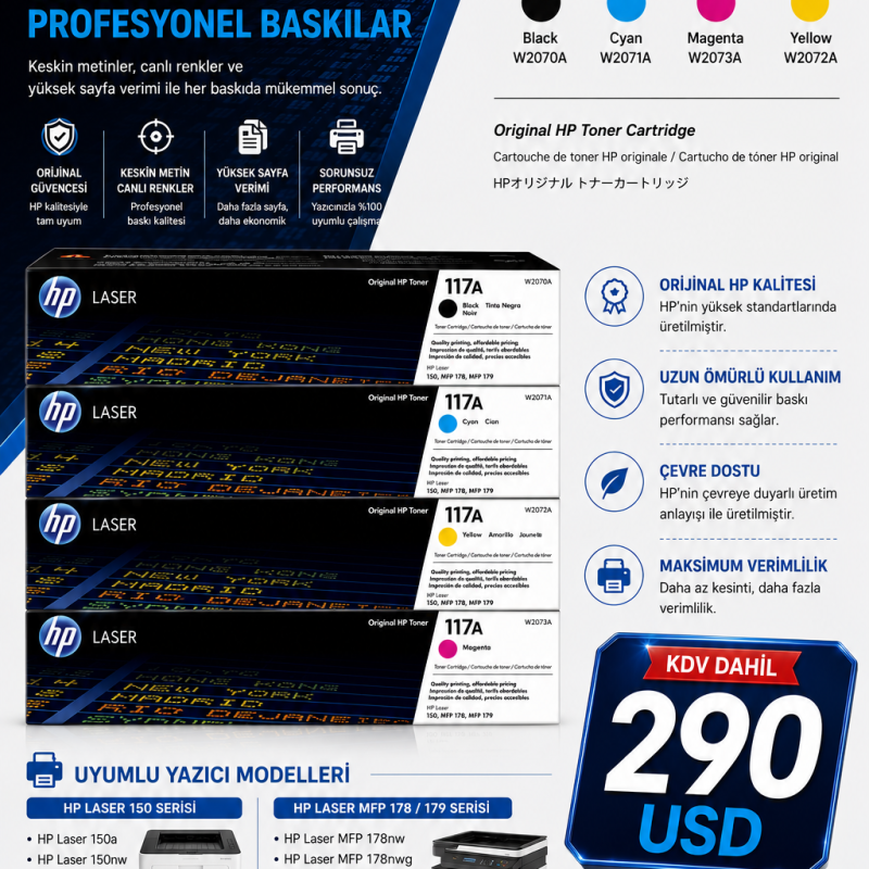 HP 117A SERİSİ ORJİNAL 4 LÜ SET MFP179fnw