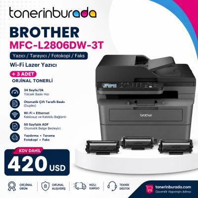 BROTHER MFC-L2806DW-3T Kompakt MFP MONO LAZER YAZICI Dubleks ADF FAKS A4 34ppm (3 TAM DOLU TONERLİ)