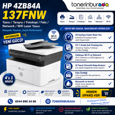 HP 4ZB84A 137FNW Yazıcı/Tarayıcı/Fotokopi/Faks/Network/Wifi Lazer Yazıcı