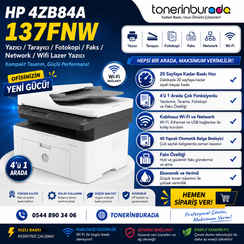 HP 4ZB84A 137FNW Yazıcı/Tarayıcı/Fotokopi/Faks/Network/Wifi Lazer Yazıcı